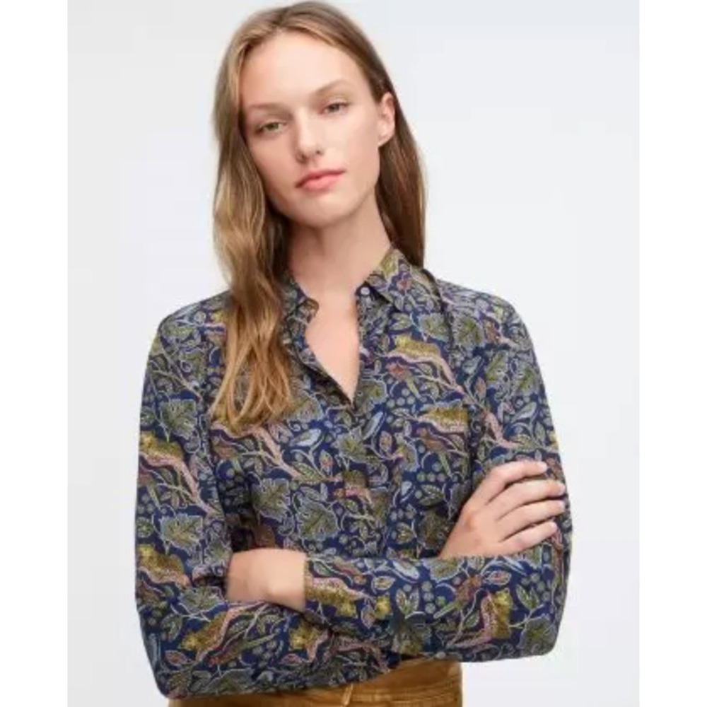 J. Crew Womens Silk Button-up Shirt in Botanical Cheetah Print Size 2 Office